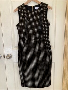 Calvin Klein Black Dress with Gold Polka Dots - Midi